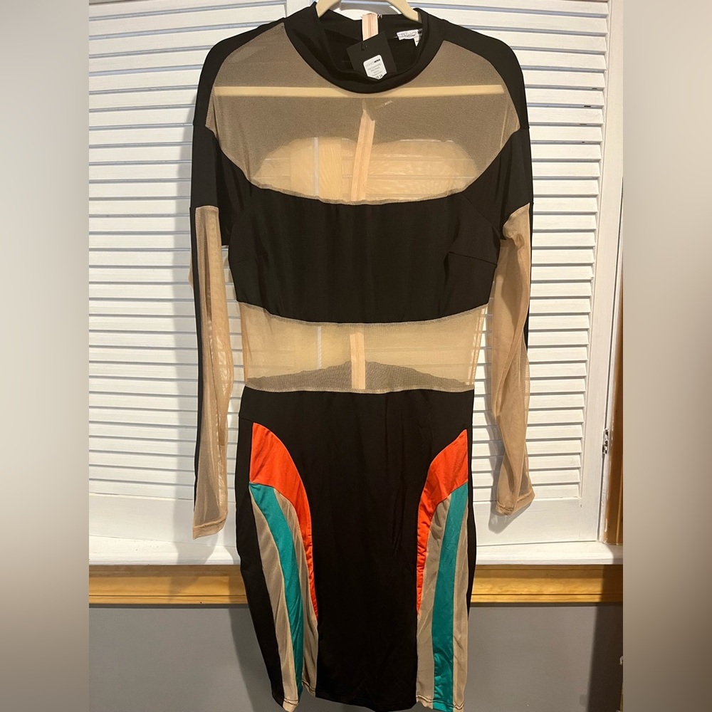 NWT Fashion Nova Hot Commodity Mini Dress Soze 2X Orange/Green/Black/Mesh